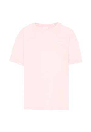 T-shirt rosa chiaro a maniche corte con scollo rotondo e piccolo logo bianco Givenchy sul petto a sinistra.