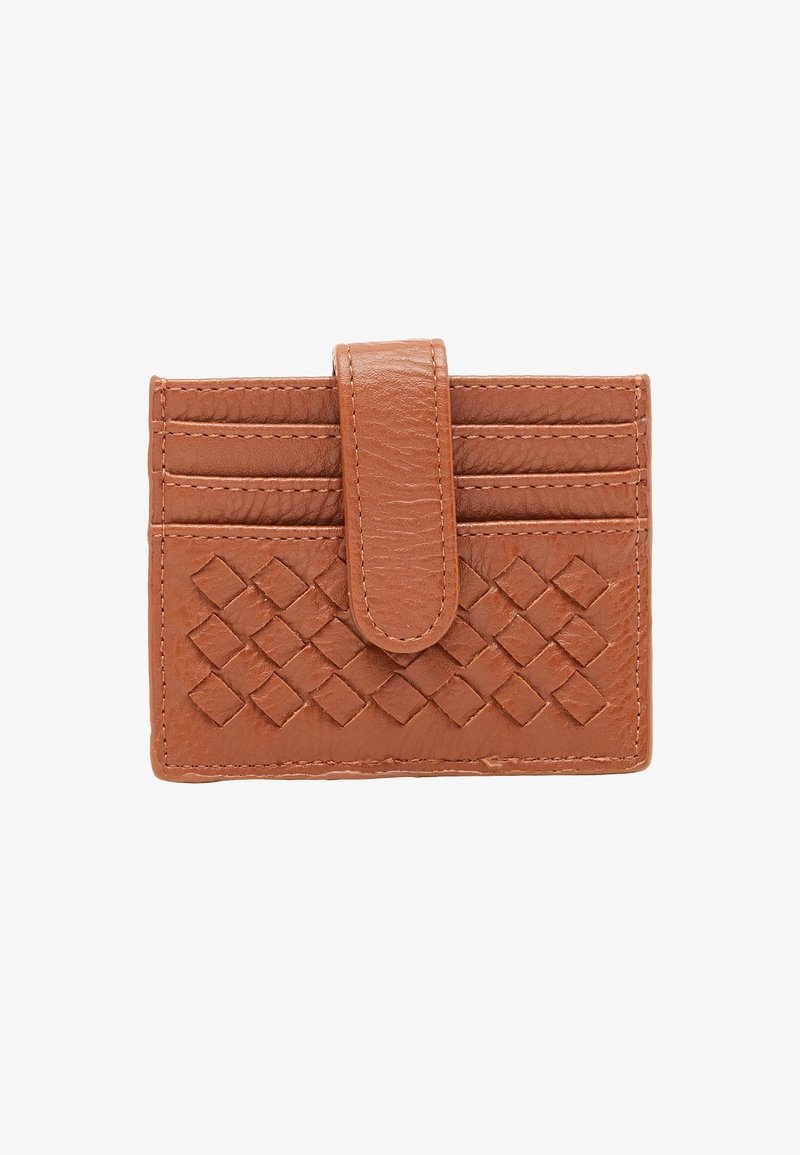 Brown leather card holder with woven pattern, featuring six card slots and a flap closure. Smooth texture with visible stitching details.