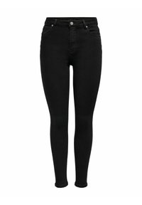 Jean skinny noir taille haute avec fermeture par bouton et fermeture éclair à l'avant, poches avant et arrière, présenté sur fond blanc.