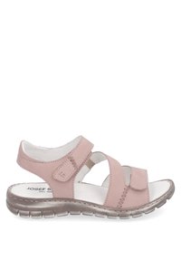 Světlé růžové kožené sandály s třemi nastavitelnými popruhy, polstrovanou stélkou a texturovanou gumovou podrážkou pro lepší přilnavost a pohodlí.