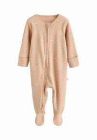 Pelele beige para bebé con mangas largas, piernas con pies, cremallera frontal y pequeños estampados de jirafas blancas por todo.