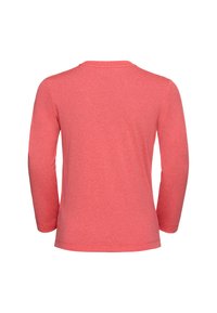 Camicia a maniche lunghe in tessuto corallo. Presenta un collo rotondo e un orlo dritto. Tessuto liscio con leggero elastico. Senza fantasie né grafiche.