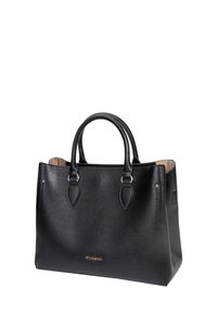 Sac fourre-tout en cuir noir avec un extérieur texturé, deux poignées supérieures, des accents en matériel argenté et un intérieur d'une teinte plus claire.