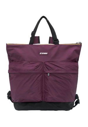 Borsa tote K-Way viola e nera con doppie tasche frontali con zip, manici neri e chiusura superiore con zip.