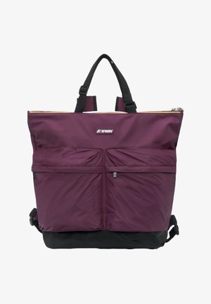 Borsa tote K-Way viola e nera con doppie tasche frontali con zip, manici neri e chiusura superiore con zip.