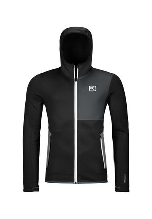 Schwarzer Zip-Hoodie mit tailliertem Design, verfügt über graue Akzente auf einer Seite, weißen Reißverschluss und glatte Textur. Mit Kapuze und Seitentaschen.