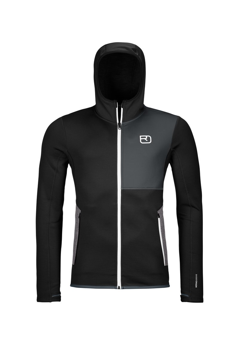 Black zip-up hoodie with a fitted design, features gray accents on one side, white zipper, and smooth texture. Includes a hood and side pockets.