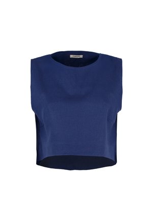 Top smanicato corto in tinta unita blu navy con scollatura rotonda e orlo posteriore leggermente più lungo.