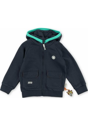 Børns marineblå zip-up hoodie med hjørnestribet hætte i teal, to frontlommer, Safari Adventure-logo og cheetah-nøglekæde vedhæftet lommen.