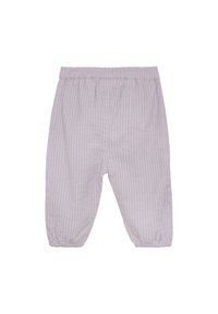 Lichtpaarse gestreepte broek met een elastische tailleband en gathered boorden bij de enkels, gemaakt van zachte stof met een subtiele textuur.