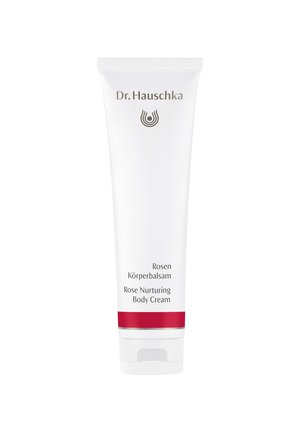 Dr. Hauschka Rose Nurturing Body Cream in a white tube with a red band at the base, featuring a simple logo and text detailing.
