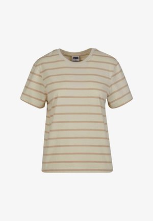 Camiseta color beige con rayas horizontales marrón claro, de manga corta, cuello redondo y un corte relajado, hecha de material de algodón suave.