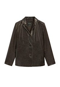 Giacca nera in ecopelle con colletto a punta, chiusura frontale a bottoni e maniche lunghe. Texture liscia con una leggera lucentezza e design minimalista.