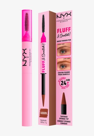 Stylo poudre à sourcils NYX Professional Makeup Fluff & Snatch en Auburn avec brosse spoolie, embout éponge effilé et photos des sourcils avant-après.