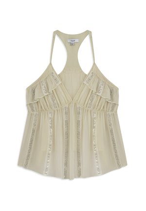 Haut couleur crème avec un décolleté en V, des bretelles volantées et des accents de sequins verticaux. Tissu léger et transparent avec un design fluide.