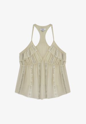 Crème-kleurig top met een V-hals, ruches op de schouderbanden en verticale paillettenaccenten. Lichte, doorzichtige stof met een vloeiende pasvorm.