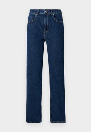 Jeans in denim blu scuro con gamba dritta, design a cinque tasche, cuciture visibili e chiusura con bottone metallico in vita.