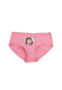 Culotte en coton rose avec un design de personnage de dessin animé agrémenté d'étoiles et d'un nœud à la taille. Texture lisse, forme couvrante.