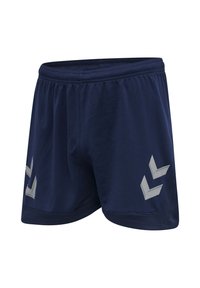 Navyblauwe sportshorts met elastische tailleband en reflecterende chevronpatronen op beide benen.