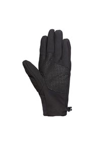 Zwarte handschoenen met een gladde textuur en een geperforeerd gripgebied. Voorzien van een strakke pasvorm en een verstelbare band. Geschikt voor gebruik buitenshuis.