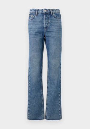 Jeans evazați de culoare albastră, din denim. Dispune de cinci buzunare, o închidere cu nasture și fermoar, cu un model decolorat pe picioare și o croială dreaptă.