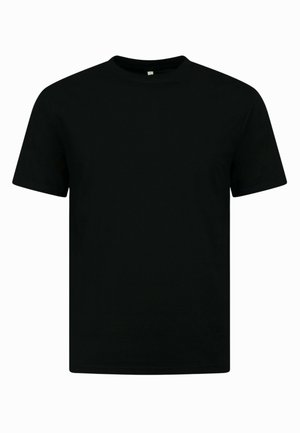 Eenvoudig zwart T-shirt met korte mouwen en ronde hals, afgebeeld op een witte achtergrond, voorkant, zonder afbeeldingen of tekst.
