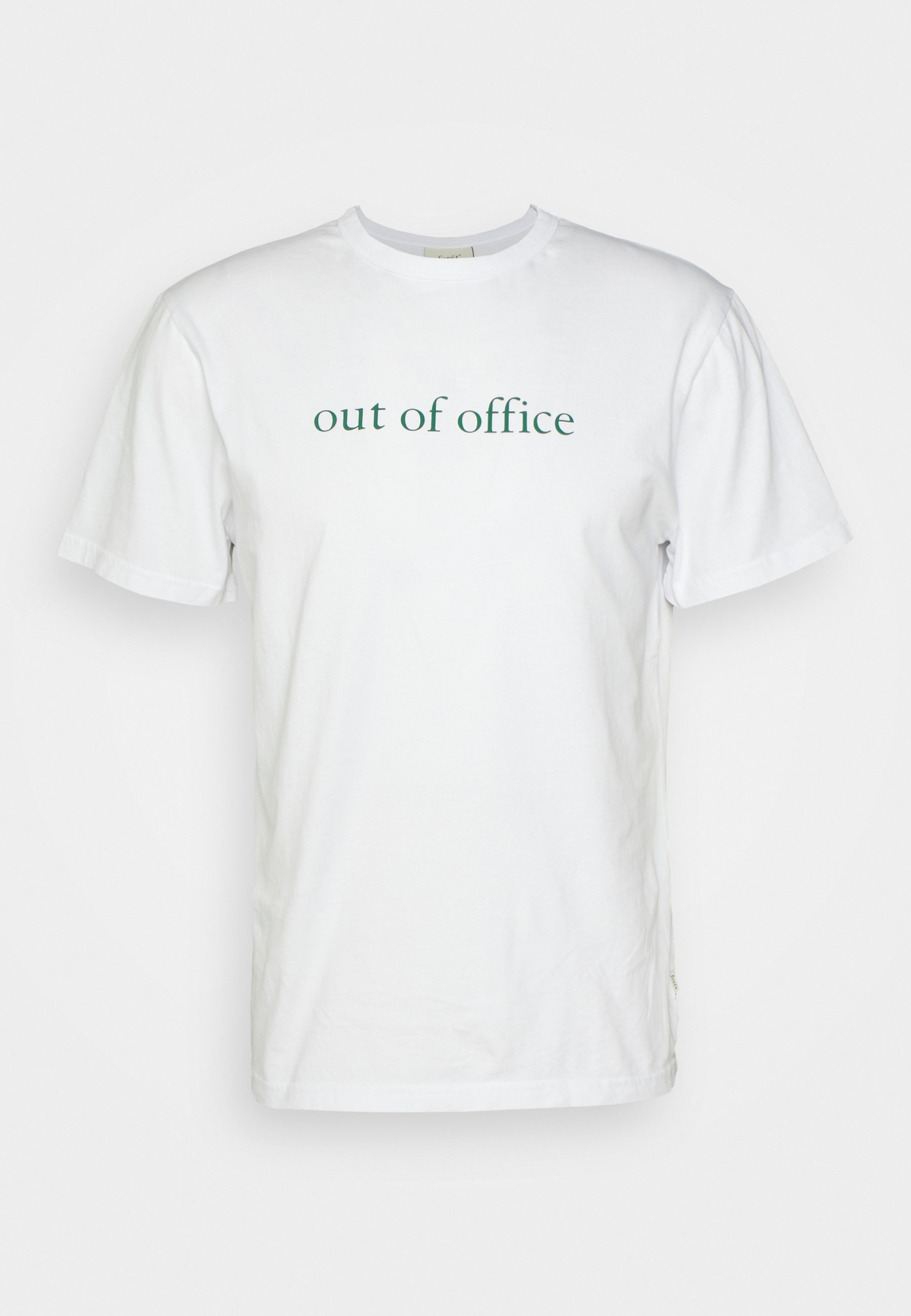 white and dark green graphic tee