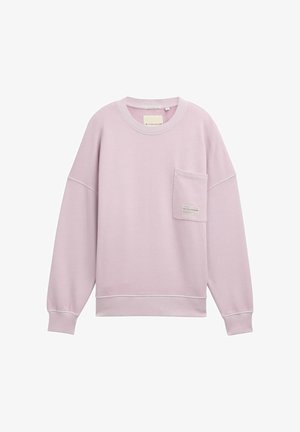 Gaišs rozā sporta krekls, kas izgatavots no mīksta auduma, ar apaļu apkakli, garām piedurknēm un priekšējo kabatu ar etiķeti.