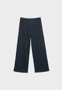 Pantalones de pierna ancha de color gris oscuro, confeccionados con una tela suave, que cuentan con una cintura elástica y una textura lisa sin patrones ni detalles visibles.