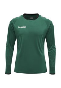 Grøn langærmet sportstrøje med sorte accenter, som har en rund halsudskæring, teksturerede skulderpaneler og et logo centreret på brystet.