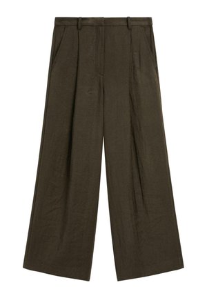 Olivgrüne weite Hosen aus strukturiertem Stoff, mit vorderen Falten und seitlichen Taschen, flachem Bund und Gürtelschlaufen.