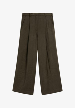 Olivgrüne weite Hosen aus strukturiertem Stoff, mit vorderen Falten und seitlichen Taschen, flachem Bund und Gürtelschlaufen.