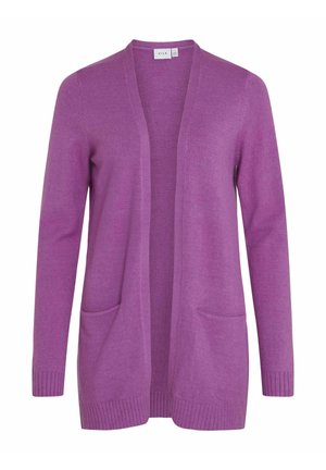 Cardigan viola in tessuto morbido, con apertura frontale, maniche lunghe e due tasche appliquées sul davanti. Orlo e polsini a coste.