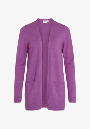 Cardigan viola in tessuto morbido, con apertura frontale, maniche lunghe e due tasche appliquées sul davanti. Orlo e polsini a coste.