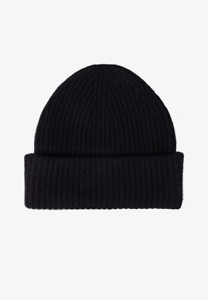 Berretto nero a coste con risvolto. Texture morbida, corona tonda e design semplice. Realizzato in materiali caldi per il freddo.