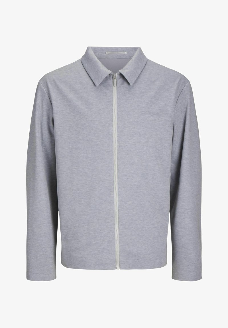 Giacca zip-up grigia chiara con colletto, maniche lunghe e texture liscia. Caratterizzata da una zip centrale e un design minimalista.