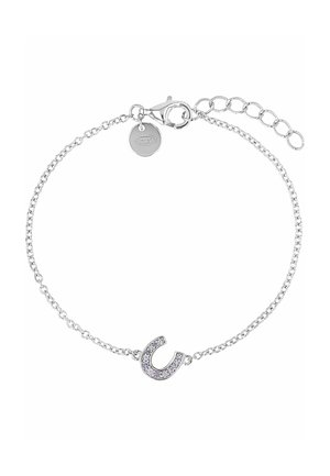 Delicato braccialetto a catena in argento con un ciondolo a forma di ferro di cavallo incastonato con piccole pietre chiare e chiusura regolabile con moschettone.