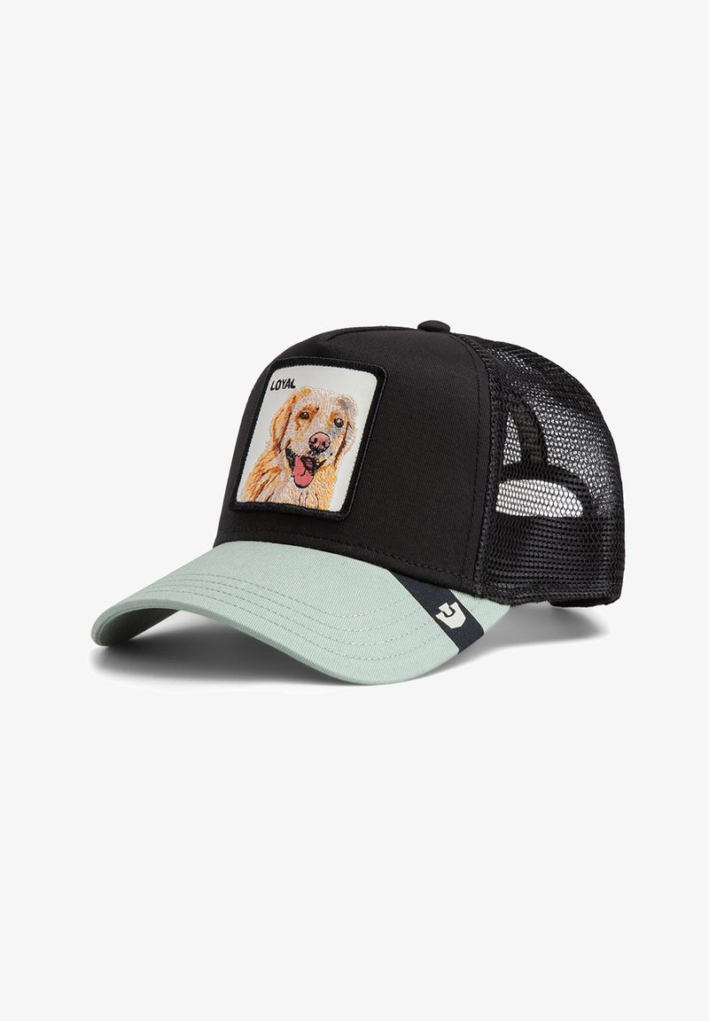 Schwarze Netz-Kappe mit hellgrauem, gebogenem Schirm und einem Frontaufnäher, der einen Golden Retriever Hund und das Wort "LOYAL" zeigt.