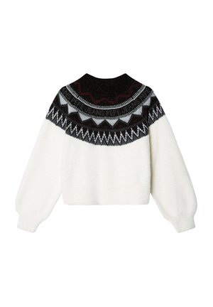 Weißer, kurzer Pullover mit einer schwarzen, gestrickten Passe, die geometrische Muster aufweist. Strukturierter Stoff mit puffartigen Ärmeln und einem runden Ausschnitt.