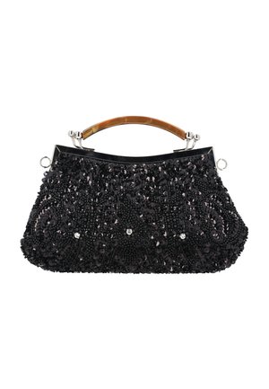 Pochette nera con ricamo dettagliato di perline nere e paillettes e manico curvo in tartaruga marrone.