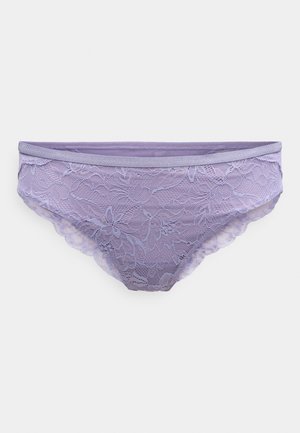 Lavender lace hipster panties featuring floral patterns with scalloped edges and a smooth waistband. Designed for a feminine appeal.