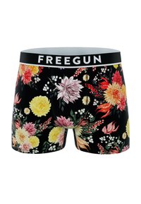 Boxers noirs à fleurs présentant une variété de fleurs en rose, jaune et rouge. Ceinture élastique avec logo "FREEGUN".