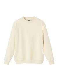 Sweatshirt couleur crème en matériau doux, avec un col rond, des manches longues et des poignets côtelés, au design décontracté.