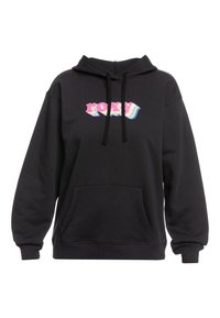 Sweat à capuche noir avec une poche avant, arborant un graphisme "ROXY" multicolore. Capuche à cordon, poignets et ourlet côtelés. Texture de tissu doux.