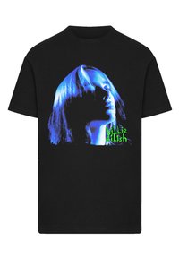 Black cotton t-shirt featuring a graphic of a face in blue tones with green text reading "billie eilish." Short sleeves and a round neckline.