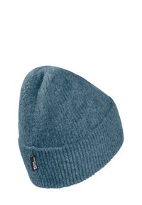 Beanie blu in maglia realizzato in lana, con risvolto a costine e una finitura liscia e texturizzata. Etichetta laterale con il nome del brand.