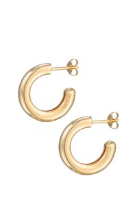 Goldene Creolen mit einer glatten, polierten Oberfläche und einem kreisförmigen, offenen Design. Mit einer Steckverschluss. Größe geeignet für den täglichen Gebrauch.