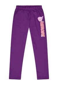 Paarse katoenen leggings met een relaxte pasvorm, met een gedurfde "HEROES" grafische print in geel en wit langs het linkerbeen. Zachte textuur en elastische tailleband.