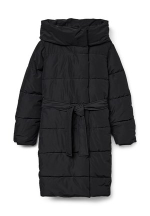 Μαύρο, καπιτονέ μπουφάν μήκους μέχρι τη μέση με φαρδύ γιακά και ζώνη στη μέση. Διαθέτει λεία, ματ υφή και λοξά ραφές.