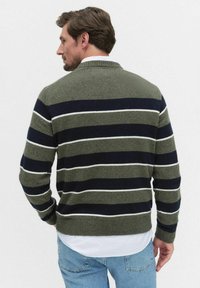 Man met een groen, marineblauw en wit gestreept sweater over een wit shirt en lichtblauwe jeans, gezien vanaf de achterkant tegen een effen achtergrond.